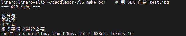 PaddleOCR-VL 实测输出 — 识别 SDK 自带 test.jpg 的中文文字结果 + 耗时统计